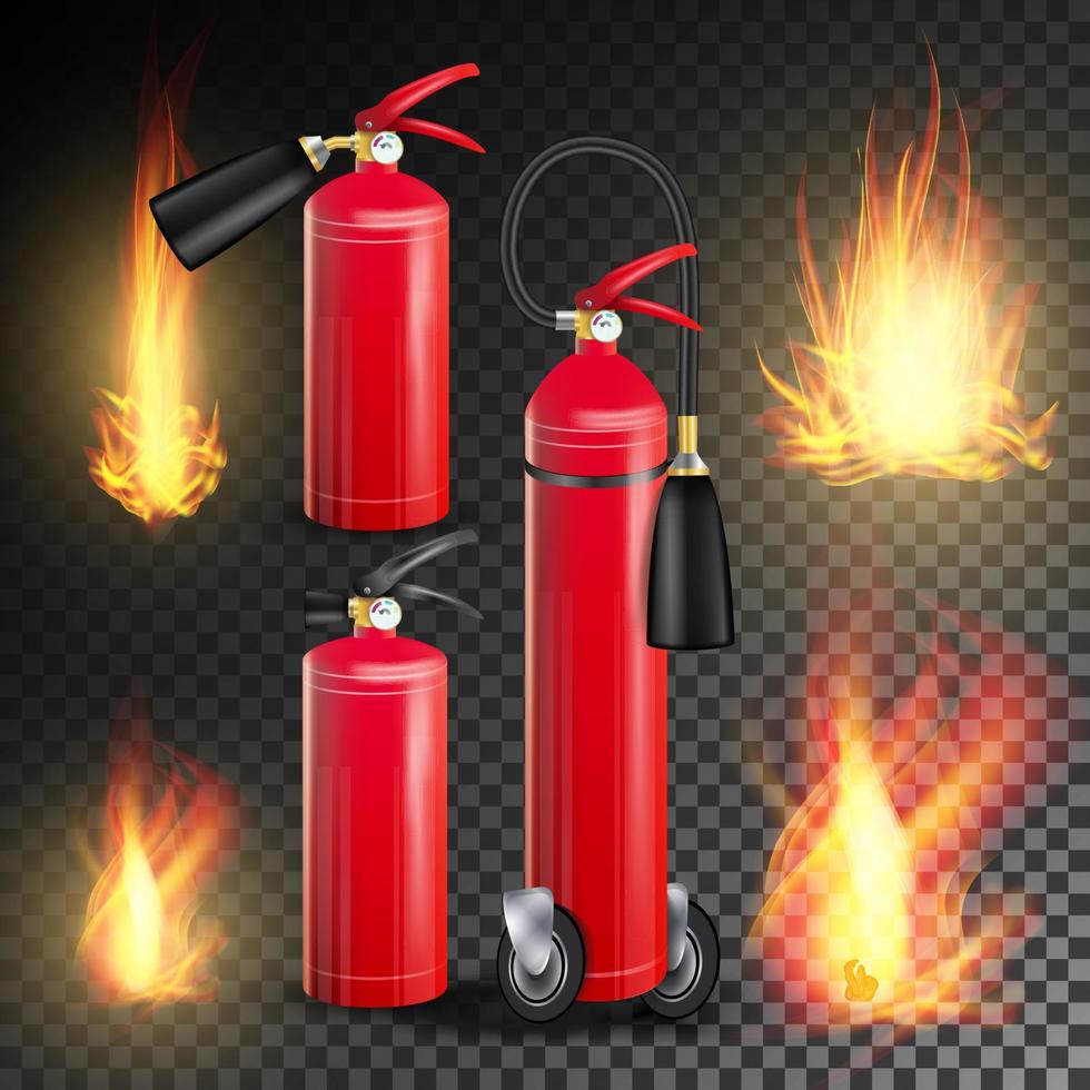 Red Fire Extinguisher Vector. Fire Flame Sign. Isolated On Transparent Background Illustration vector