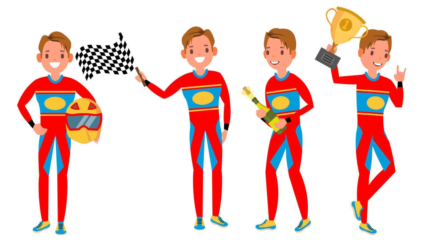 Sport Car Racer Young Man Vector. Racing Championship. Red Uniform. Turbo Rally. Man. Modern Driver. Flat Athlete Cartoon Illustration vector
