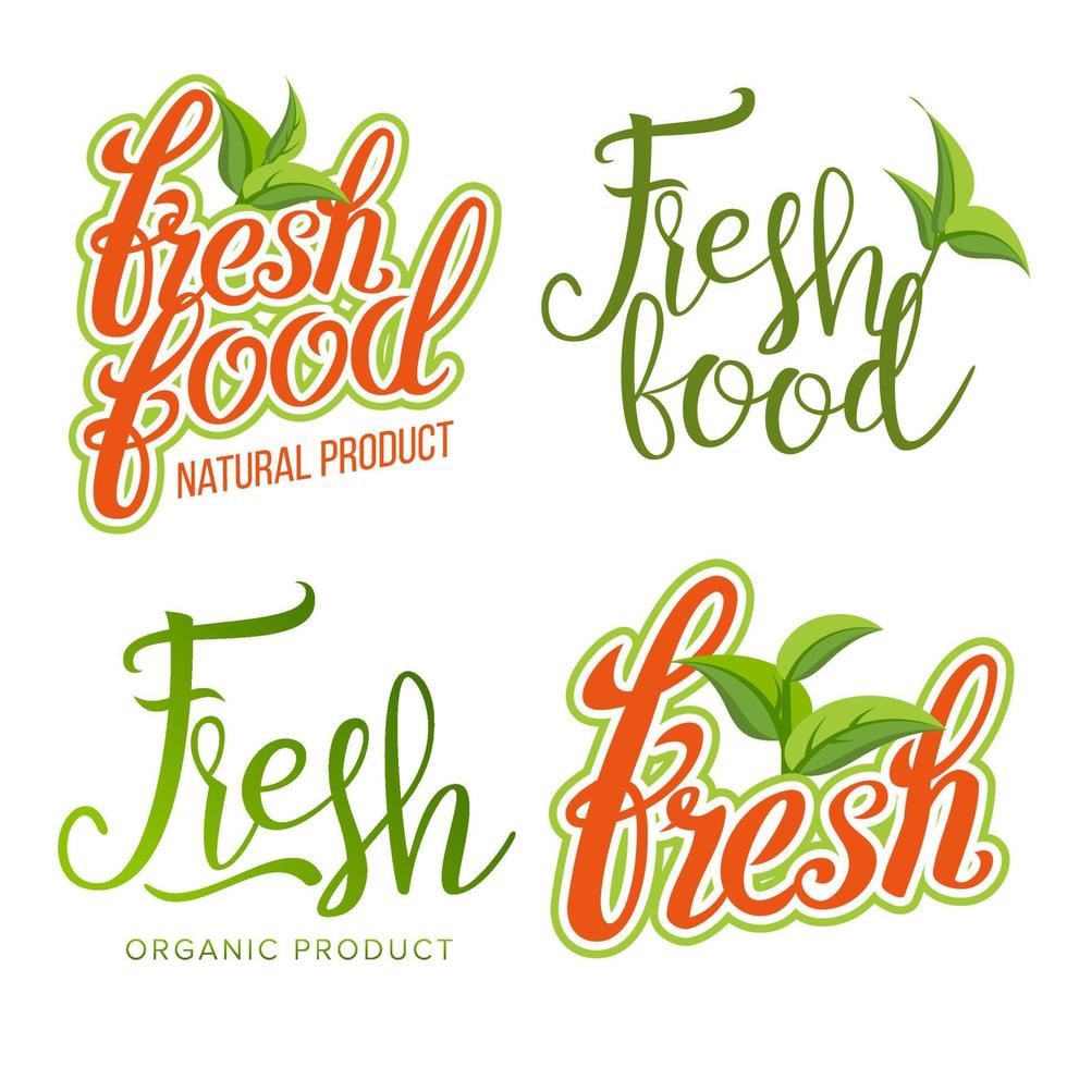 Fresh Food Sign Set Vector. Organic Food, Local Label, Fresh Stamp, Natural Food, Vegan, Product. Healthy Life. Green Leaf. Illustation vector