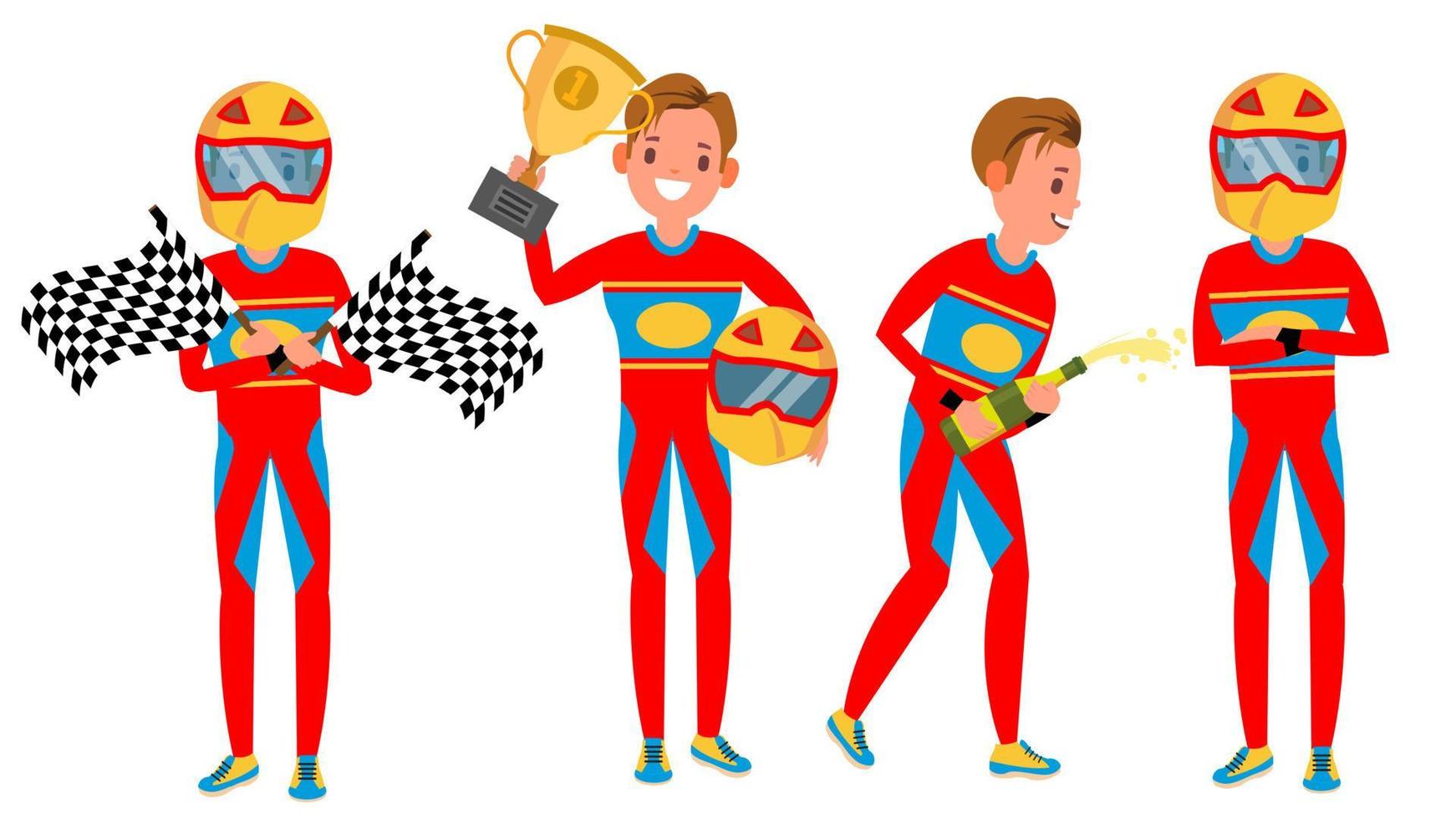 Sport Car Racer Male Vector. Racing Championship. Red Uniform. Poses. In Action. Cartoon Character Illustration vector