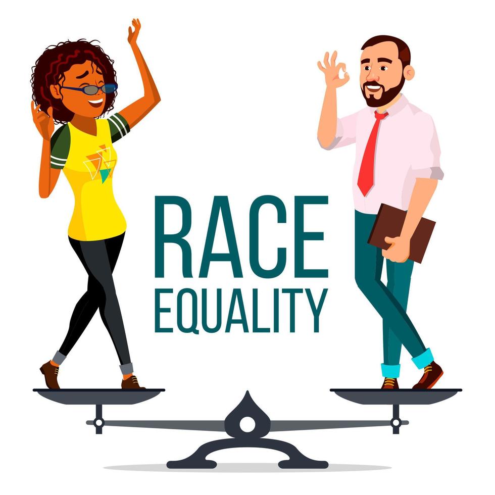 Race Equality Vector. On Scales. People Different Race And Skin Color Equal Rights. Isolated Flat Cartoon Illustration vector