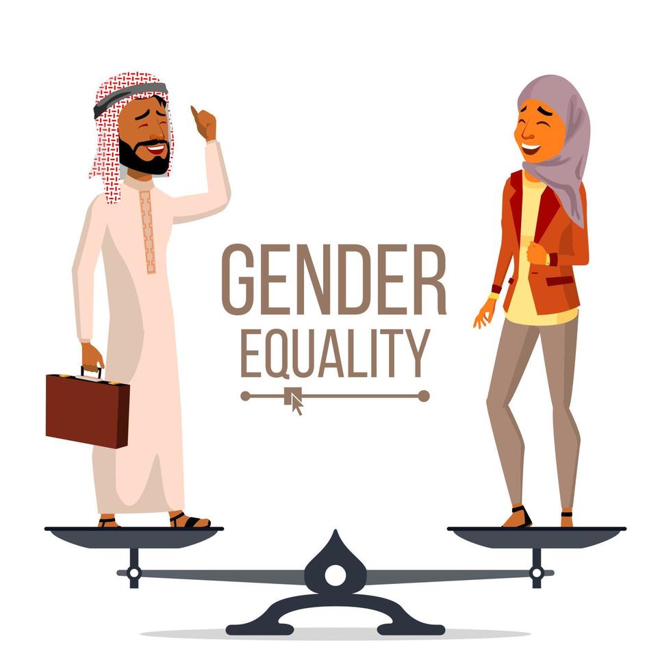 Gender Equality Vector. Businessman, Business Woman. Equal Opportunity, Rights. Male And Female. Standing On Scales. Isolated Flat Cartoon Illustration vector