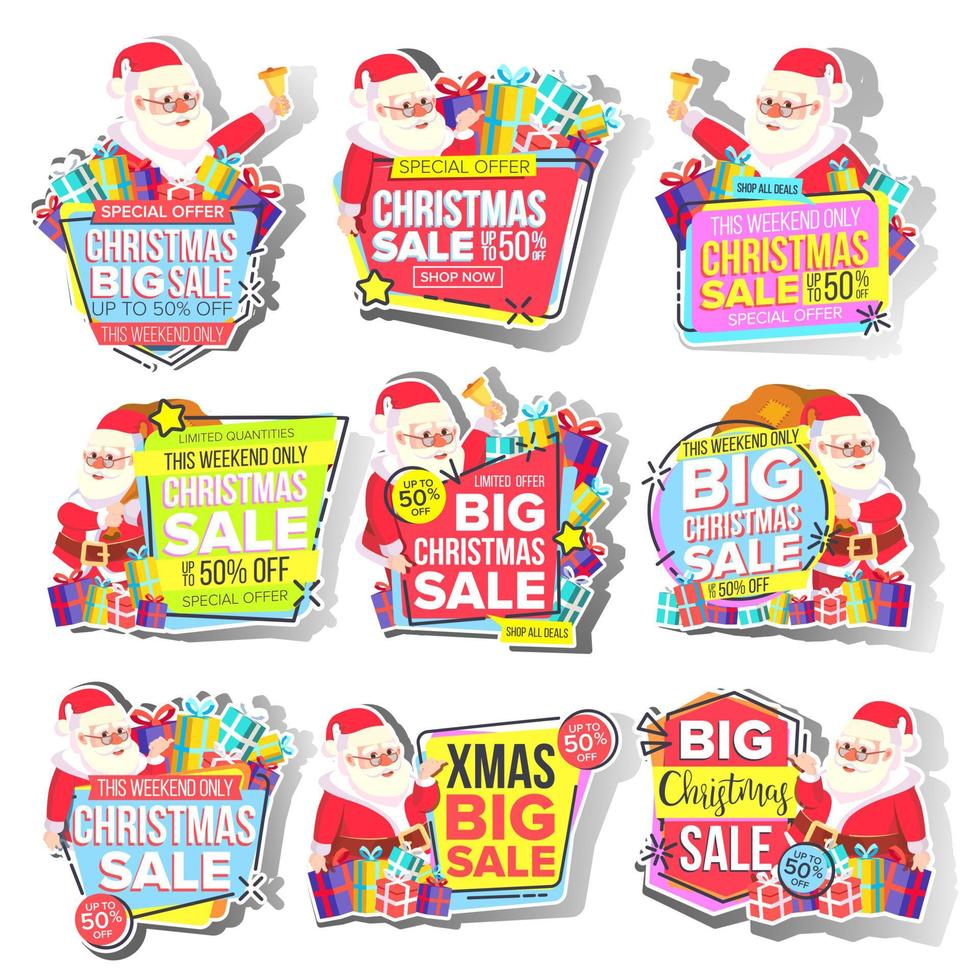 Christmas Big Sale Sticker Set Vector. Santa Claus. Template For Advertising. Discount Tag, Special Offer Banner. Up To 50 Percent Off Badges. Black Friday Promo Icon. Buy Label. Isolated Illustration vector