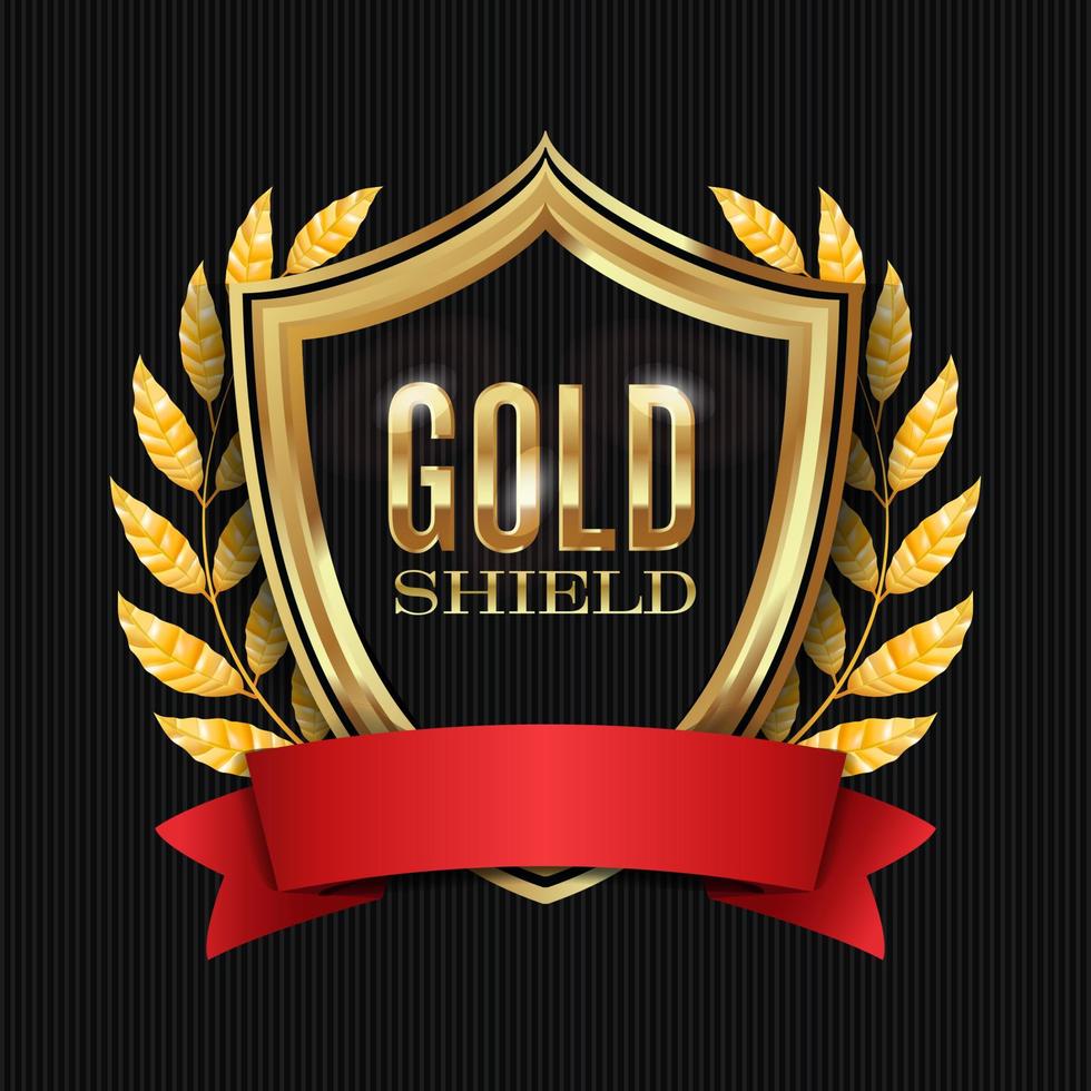 Golden Shield With Laurel Wreath And Red Ribbon. Vector Illustration