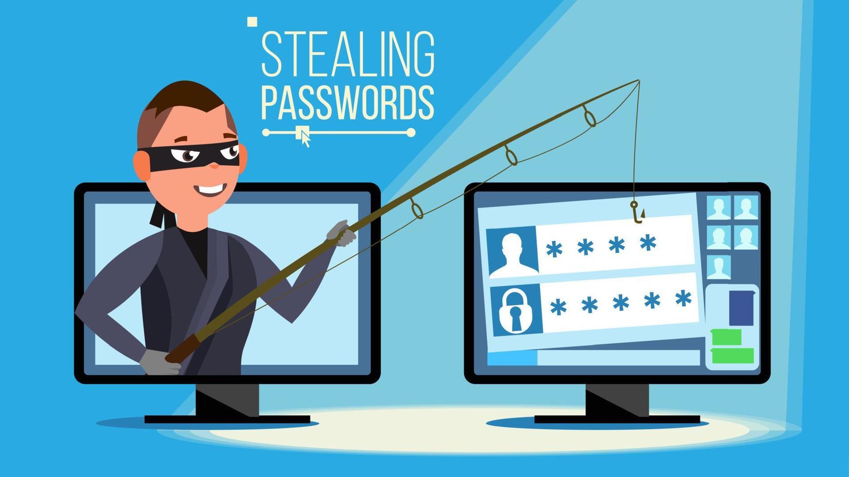 Hacking Concept Vector. Hacker Using Personal Computer Stealing Credit Card Information, Personal Data, Money. Flat Cartoon Illustration vector