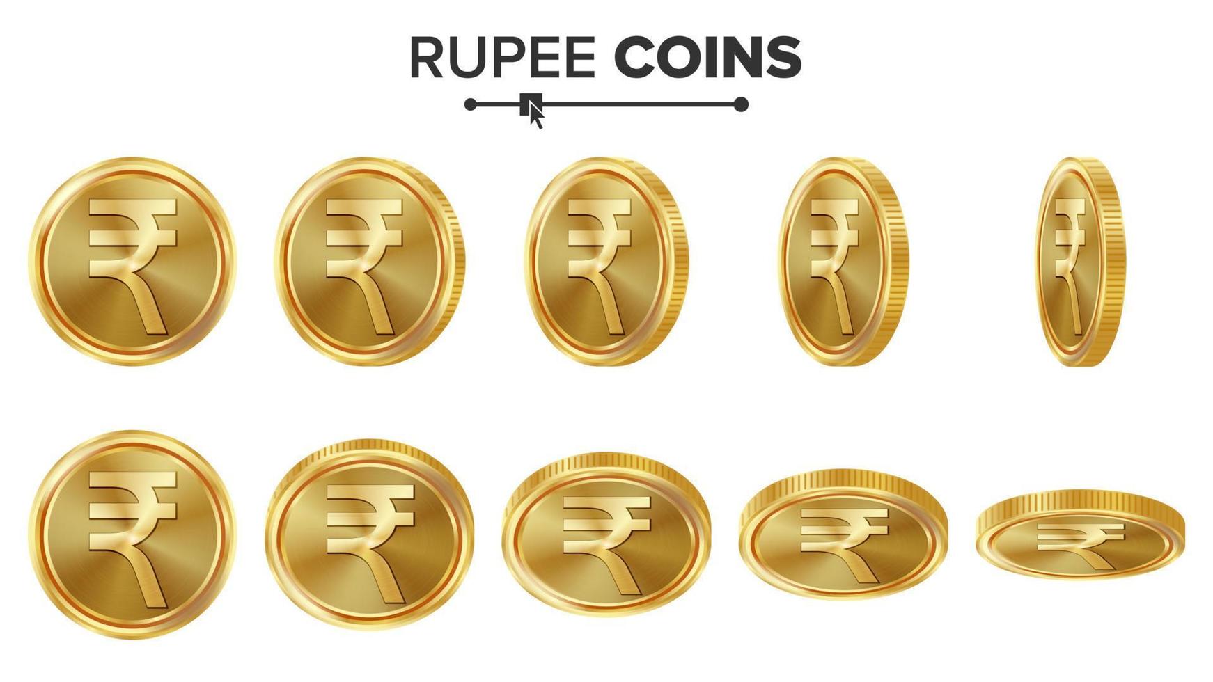 Rupee 3D Gold Coins Vector Set. Realistic Illustration. Flip Different Angles. Money Front Side. Investment Concept. Finance Coin Icons, Sign, Success Banking Cash Symbol. Currency Isolated On White