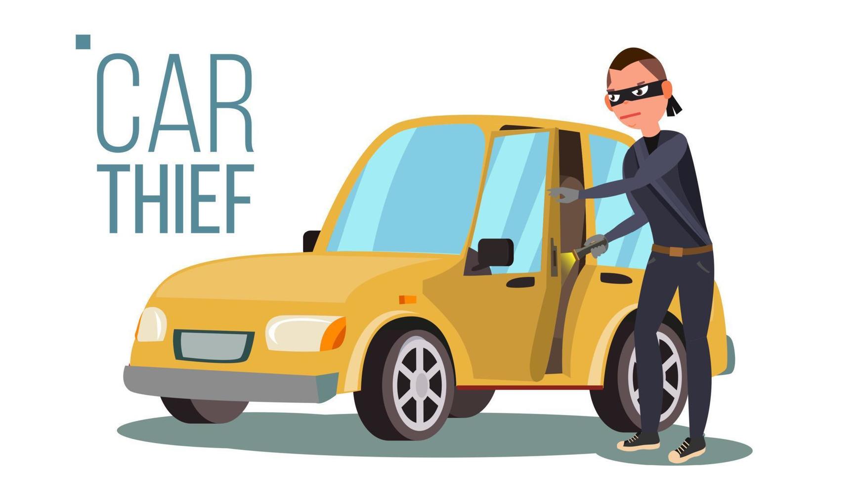 Thief And Car Vector. Breaking Into Car. Insurance Concept. Burglar, Robber, Thief, Robbery, Purse. Isolated Flat Cartoon Illustration vector