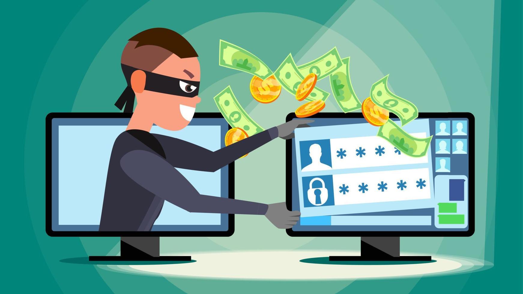 Hacking Concept Vector. Hacker Using Personal Computer Stealing Credit Card Information, Personal Data, Money. Network Fishing. Hacking PIN Code. Breaking, Attacking. Flat Cartoon Illustration vector