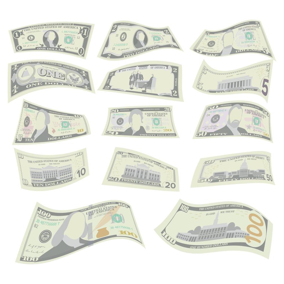 Flying Dollars Set. Vector. Two Sides vector