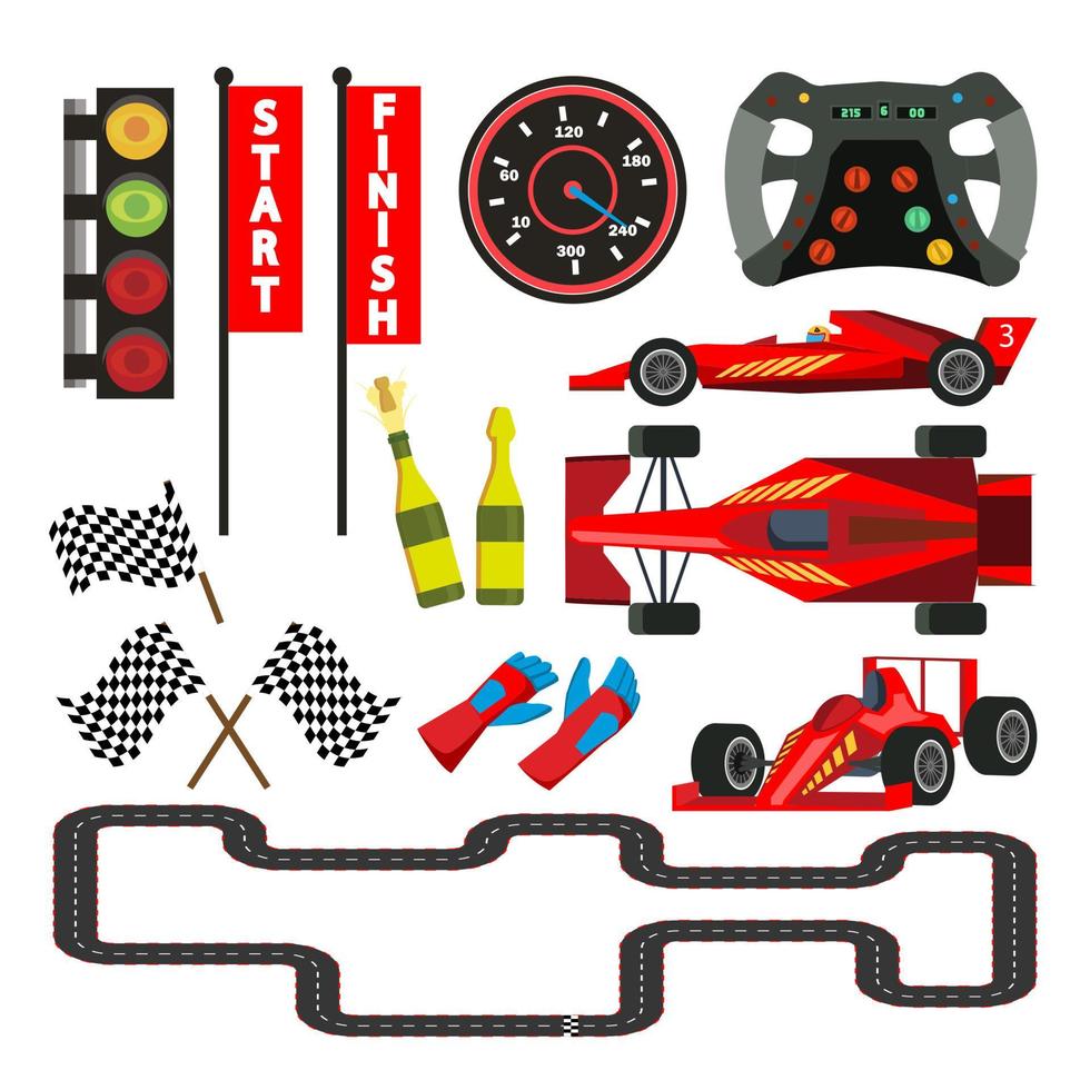 iconos de carreras de autos deportivos establecen vector. velocímetro, volante de camión, bandera a cuadros, ruta, semáforo, guantes, copa, champán. accesorios para rallies ilustración de dibujos animados plana aislada vector