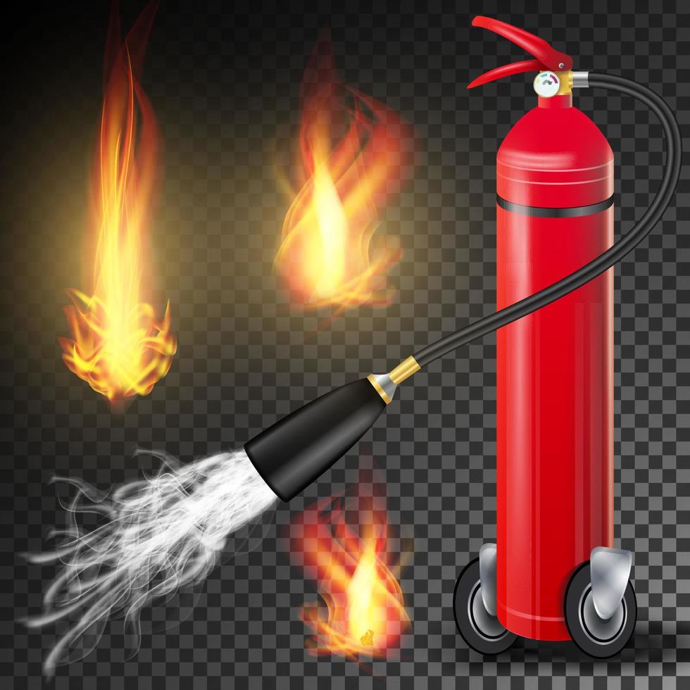 Fire Extinguisher Vector. Burning Fire Flame And Metal Glossiness 3D Realistic Red Fire Extinguisher. Transparent Illustration vector