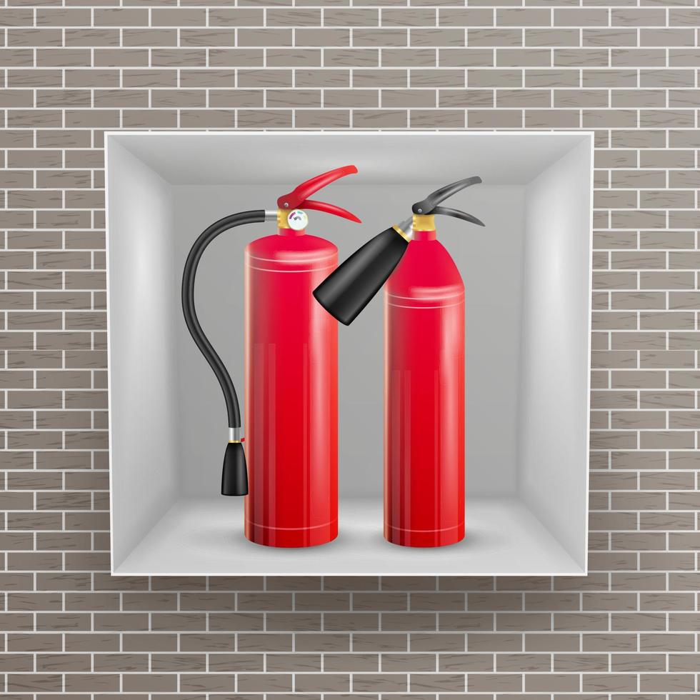 extintor de incendios en vector de nicho de pared de ladrillo. ilustración de extintor de fuego rojo realista 3d de brillo de metal