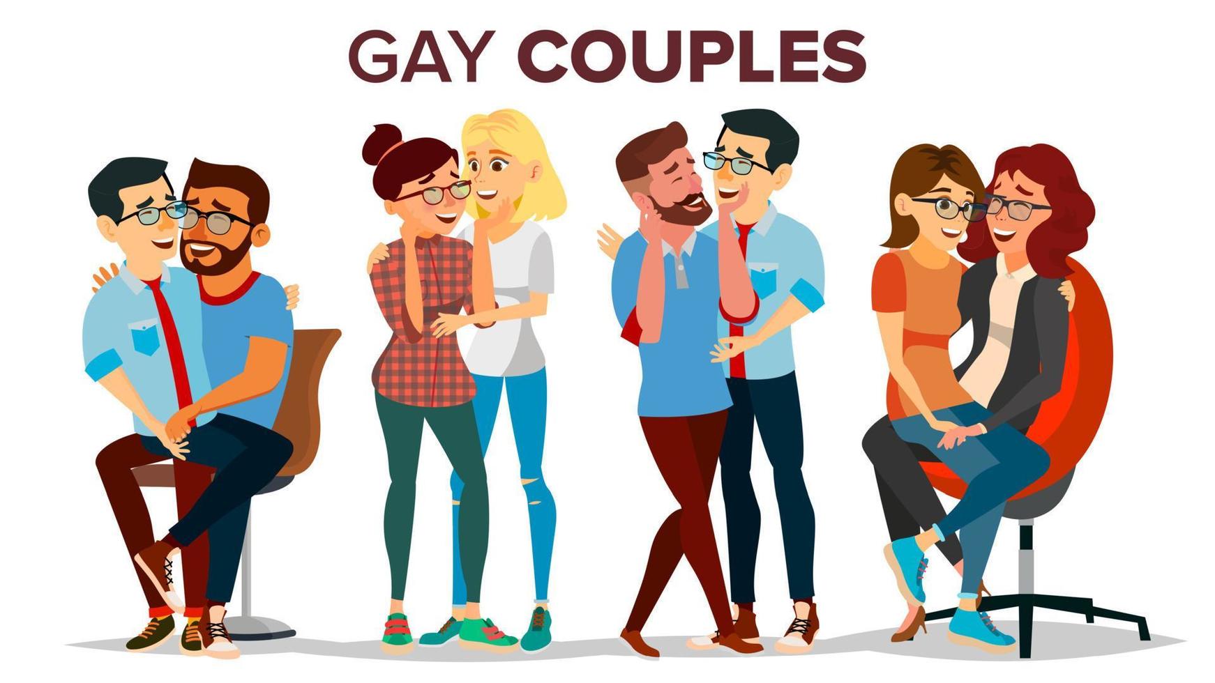 Gay Lesbian Couple Set Vector Hugging Men And Women Same Sex