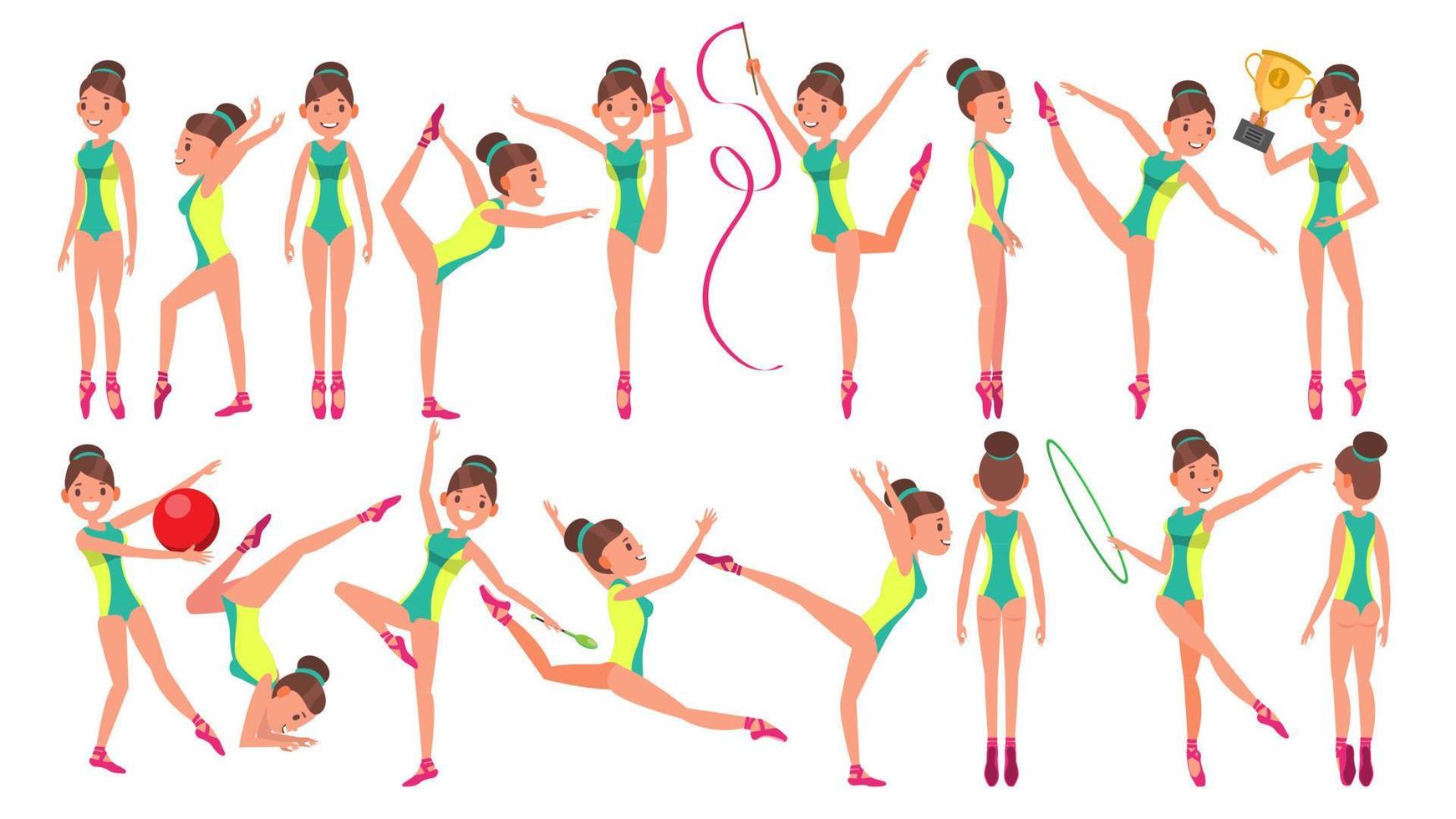 Gymnastics Female Player Vector. Gymnastic Hoop. Demonstrate. Presentation. Playing In Different Poses. Woman. Athlete Isolated On White Cartoon Character Illustration vector