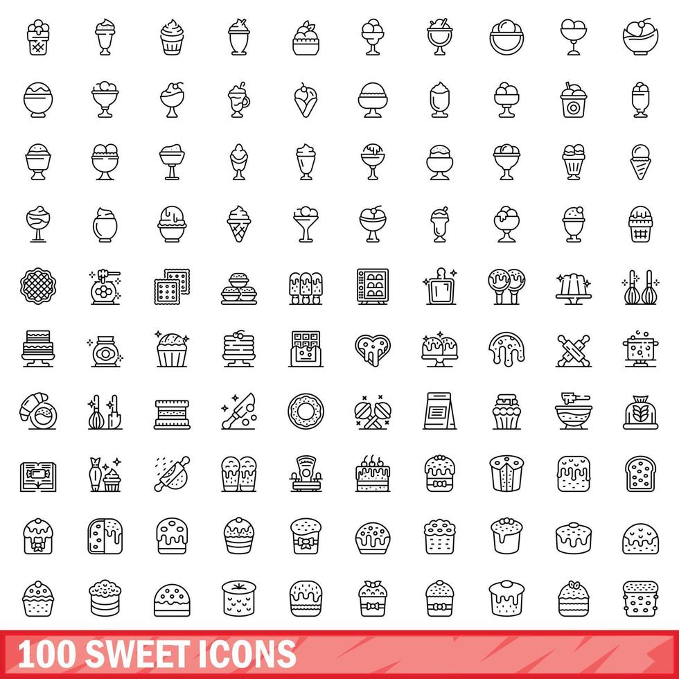 100 sweet icons set, outline style vector