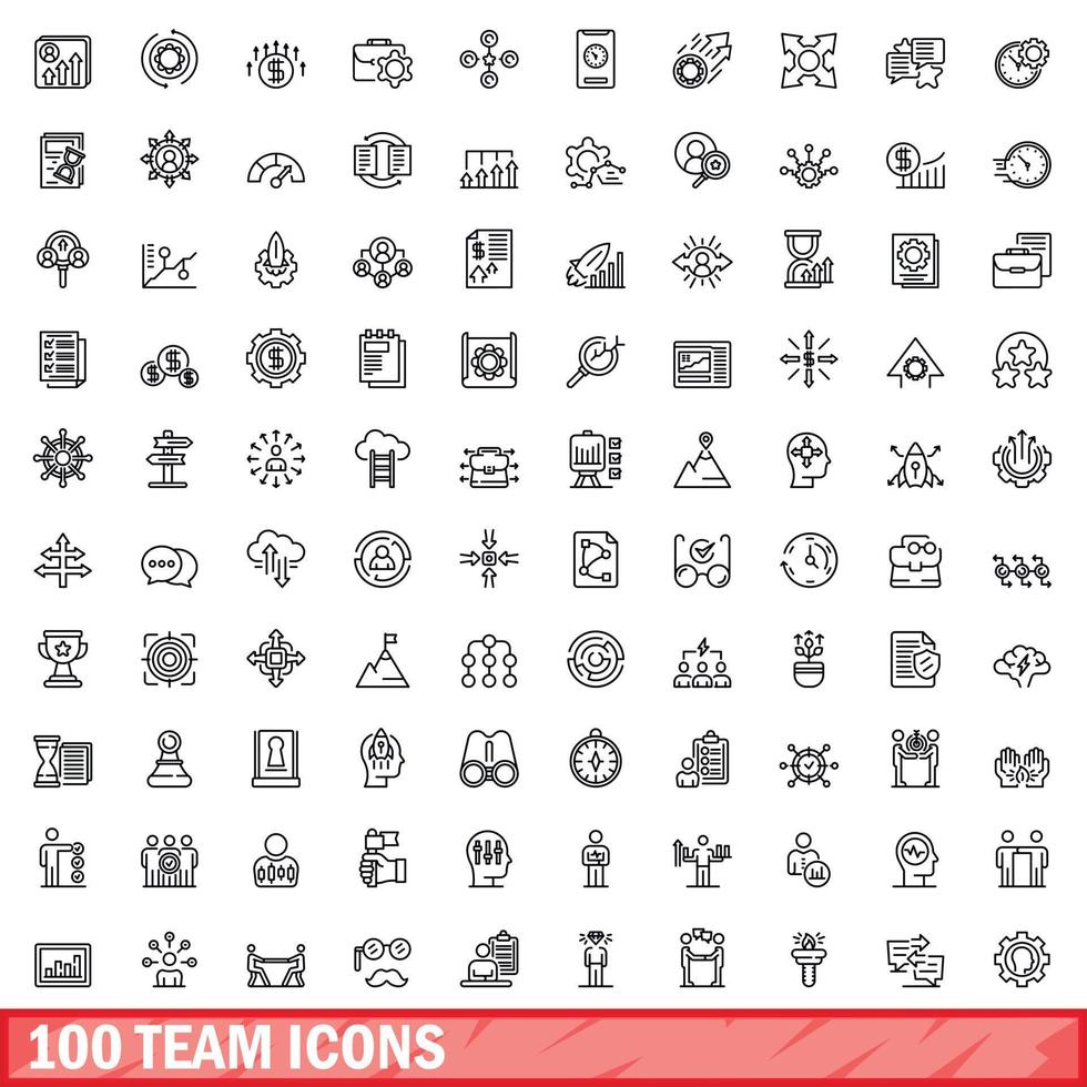 100 team icons set, outline style vector