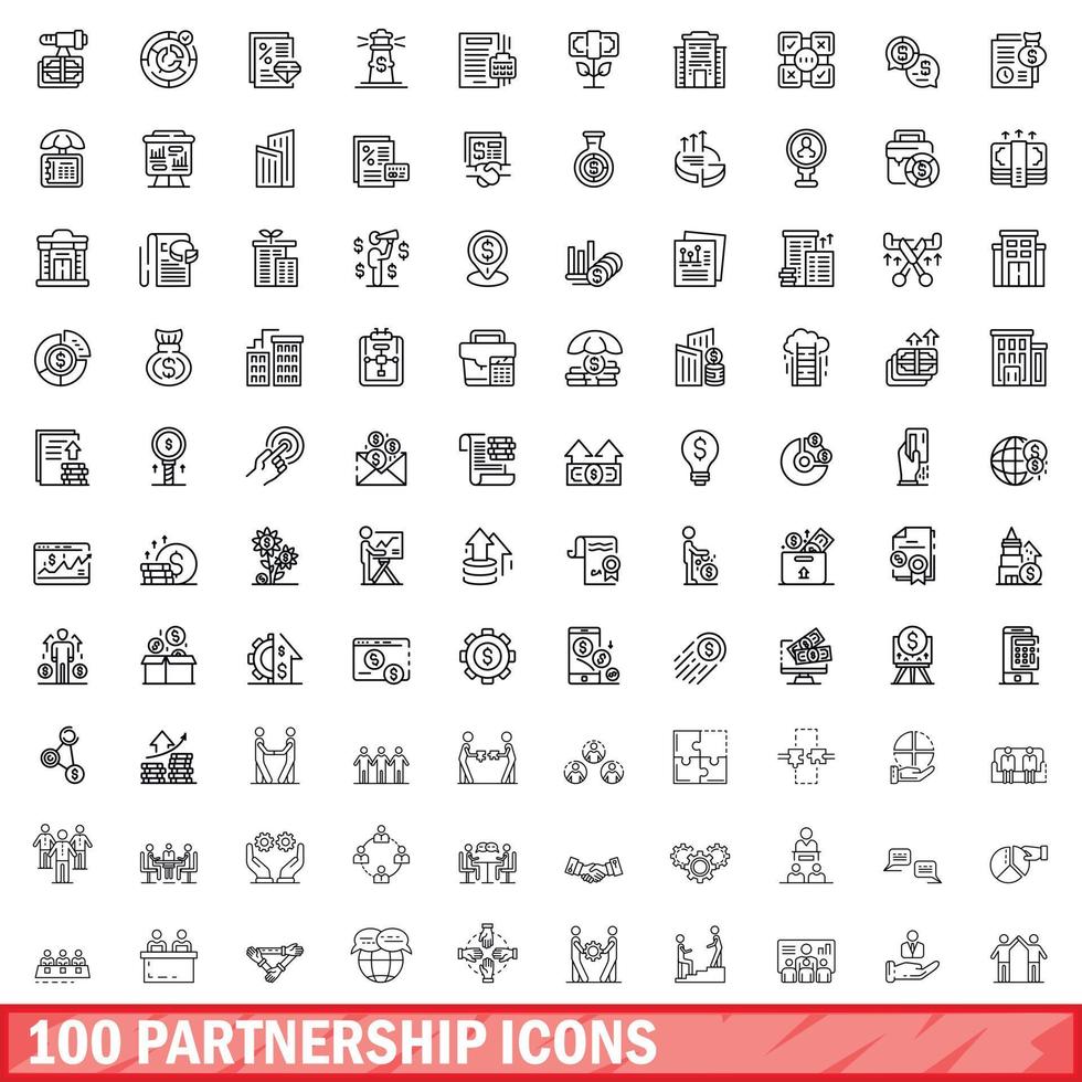 100 partnership icons set, outline style vector