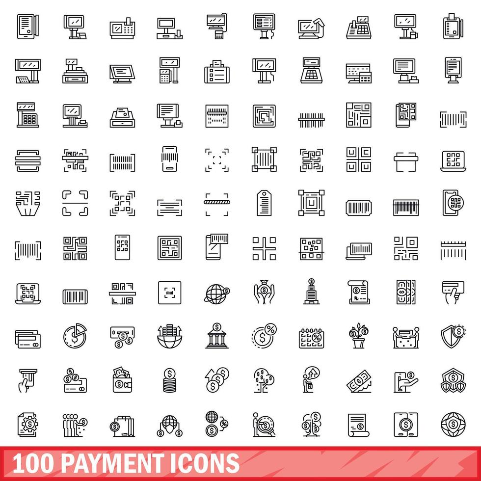 100 payment icons set, outline style vector