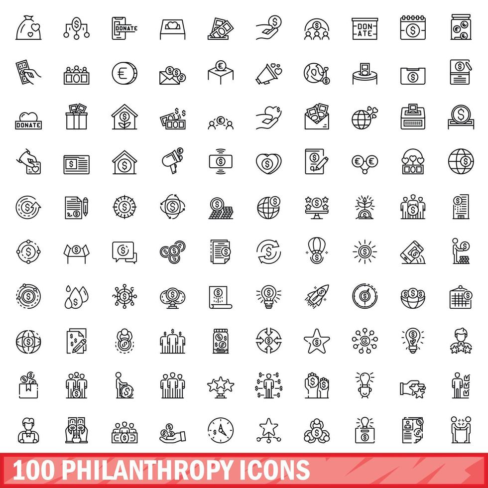 100 iconos de filantropía establecidos, estilo de contorno vector