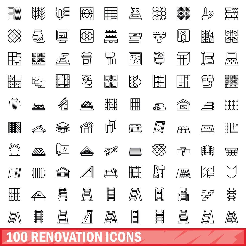 100 renovation icons set, outline style vector