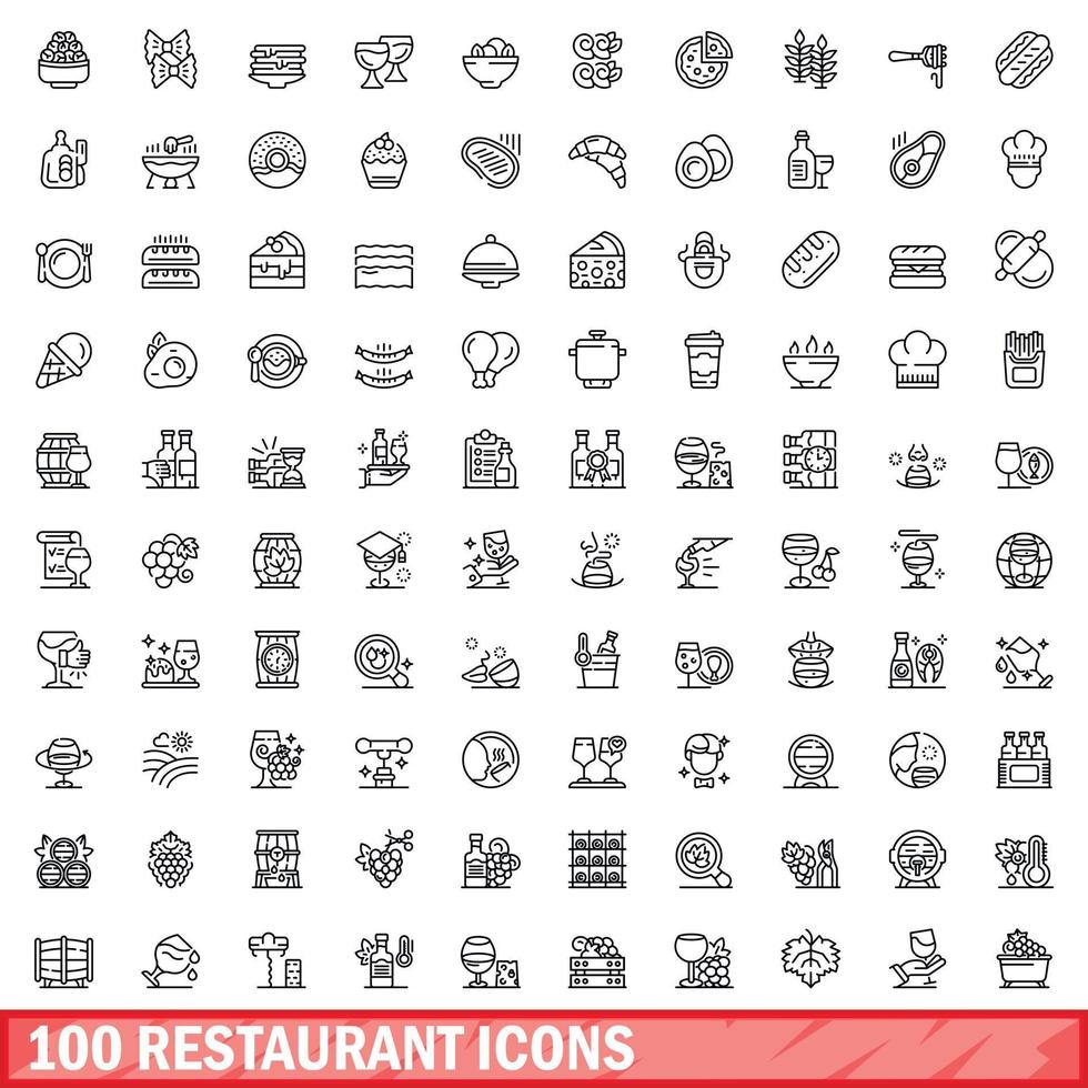 100 restaurant icons set, outline style vector