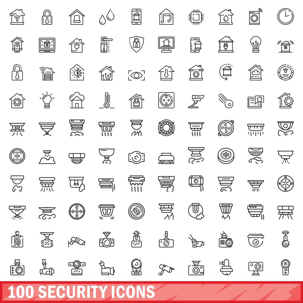 100 security icons set, outline style vector
