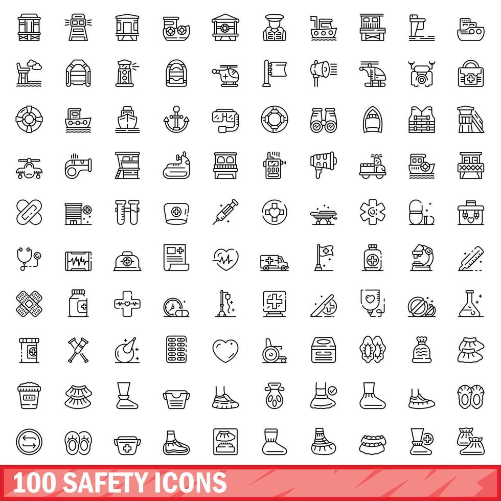 100 safety icons set, outline style vector