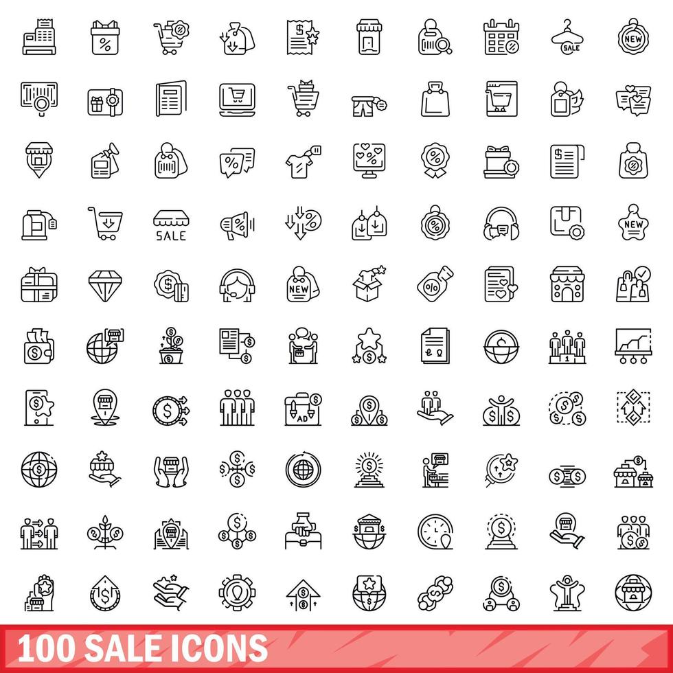 100 conjunto de iconos de venta, estilo de esquema vector