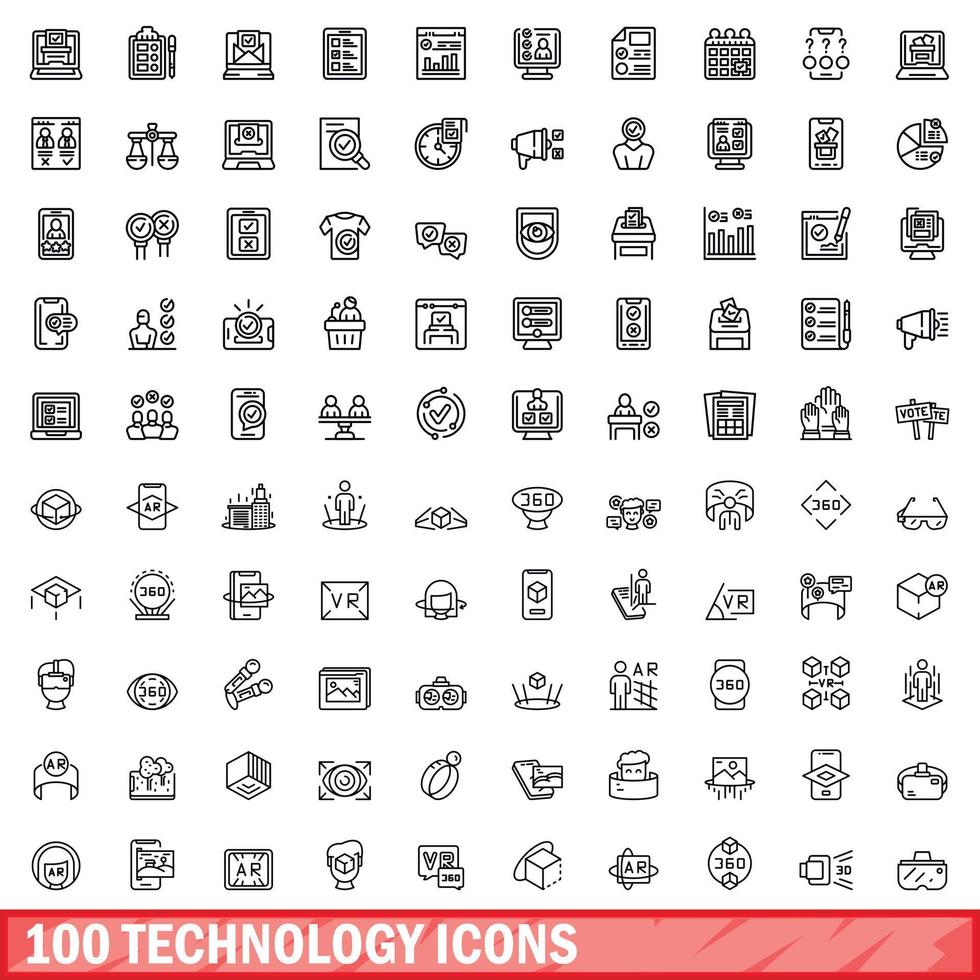 100 technology icons set, outline style vector