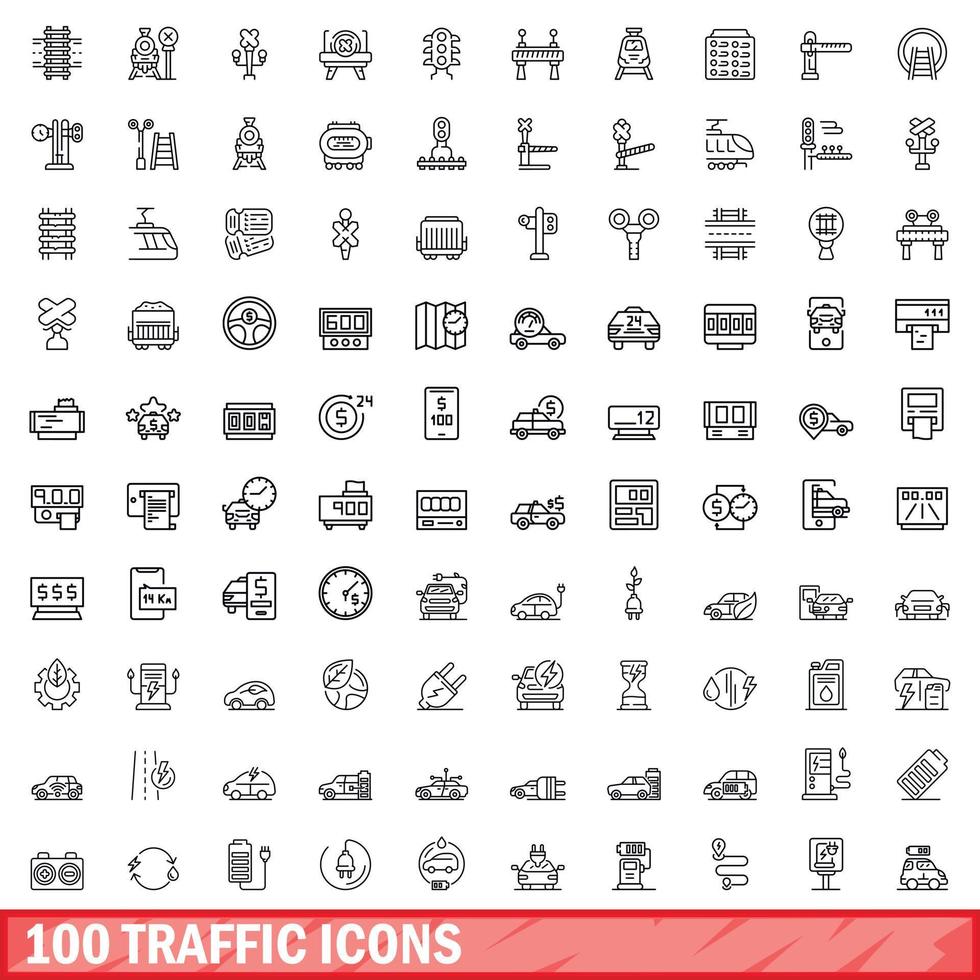 100 traffic icons set, outline style vector