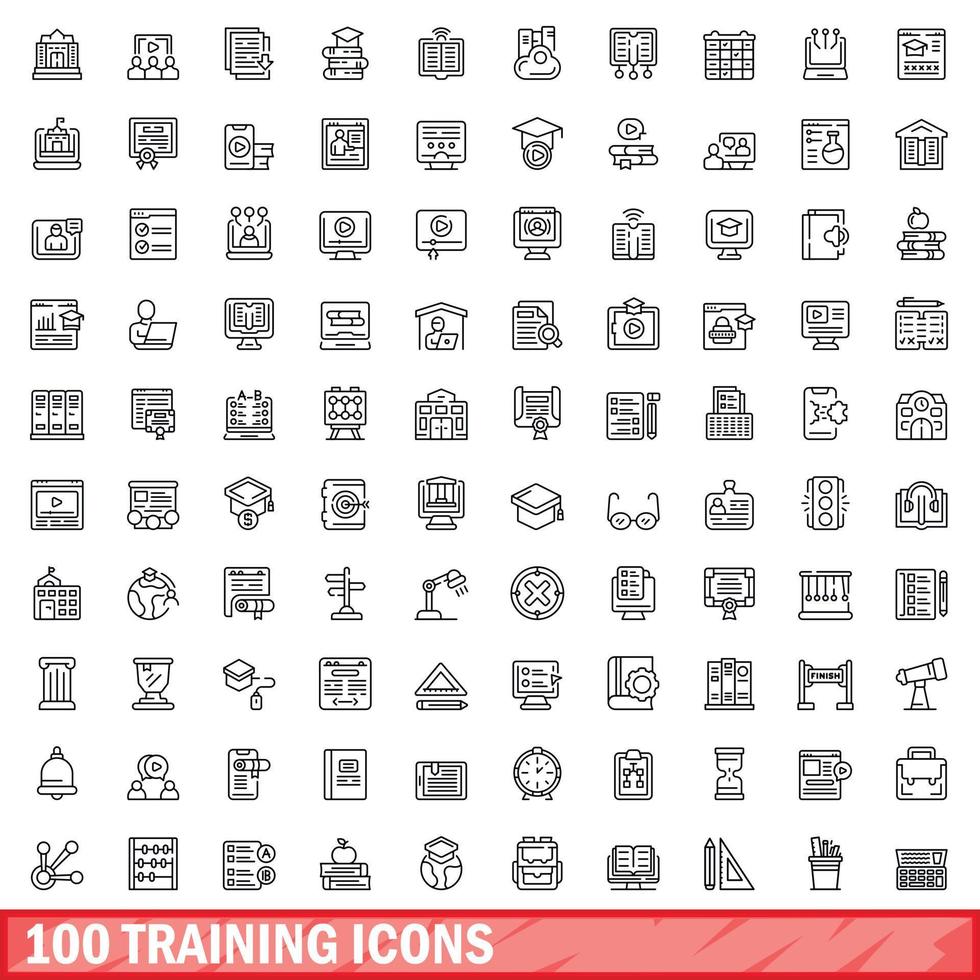 100 training icons set, outline style vector