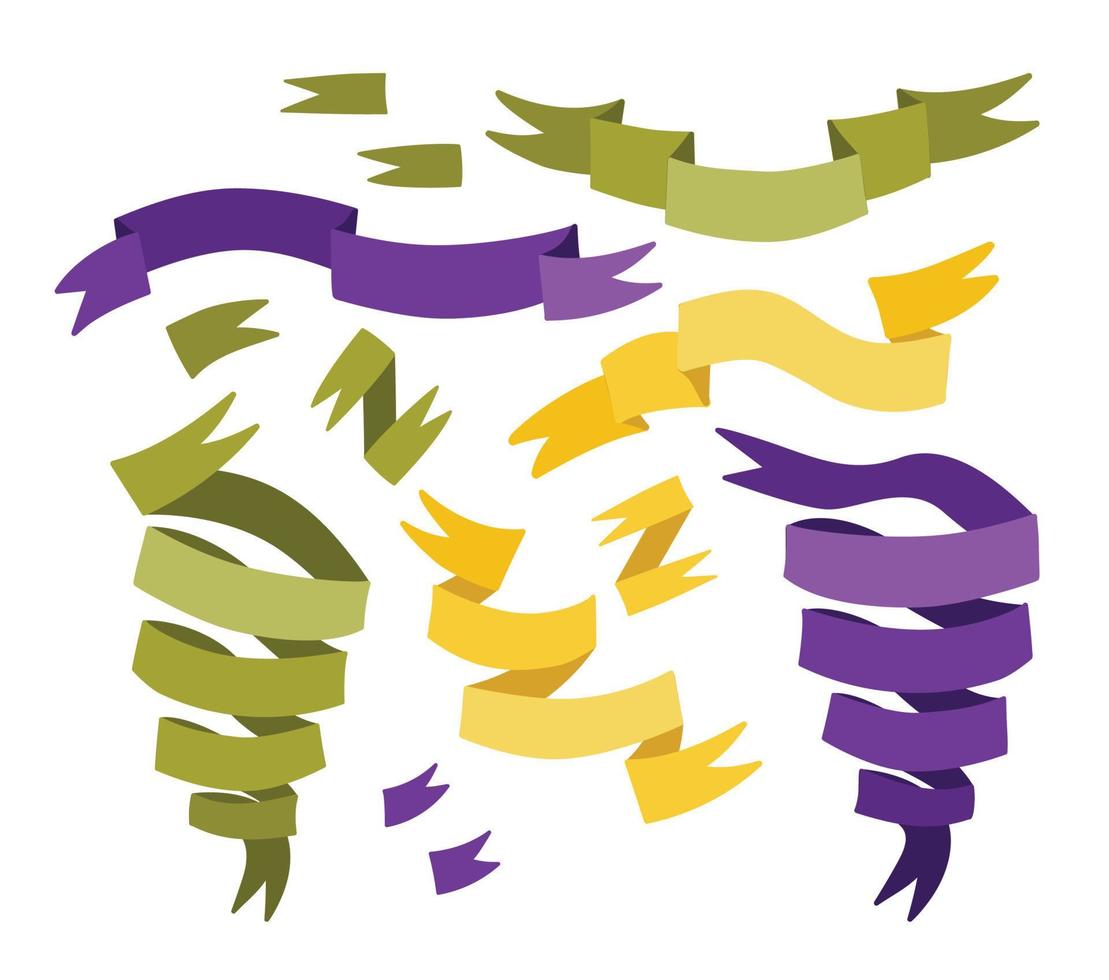 Ribbon set. Green, yellow and purple ribbons. Ideal for illustrations, design and decoration vector