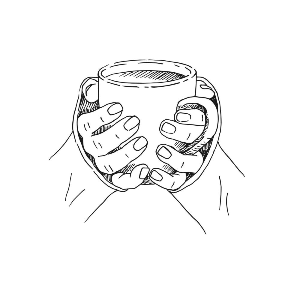 Hand drawn sketch of hands holding a cup of coffee, tea etc. Vector illustration isolated on white background.