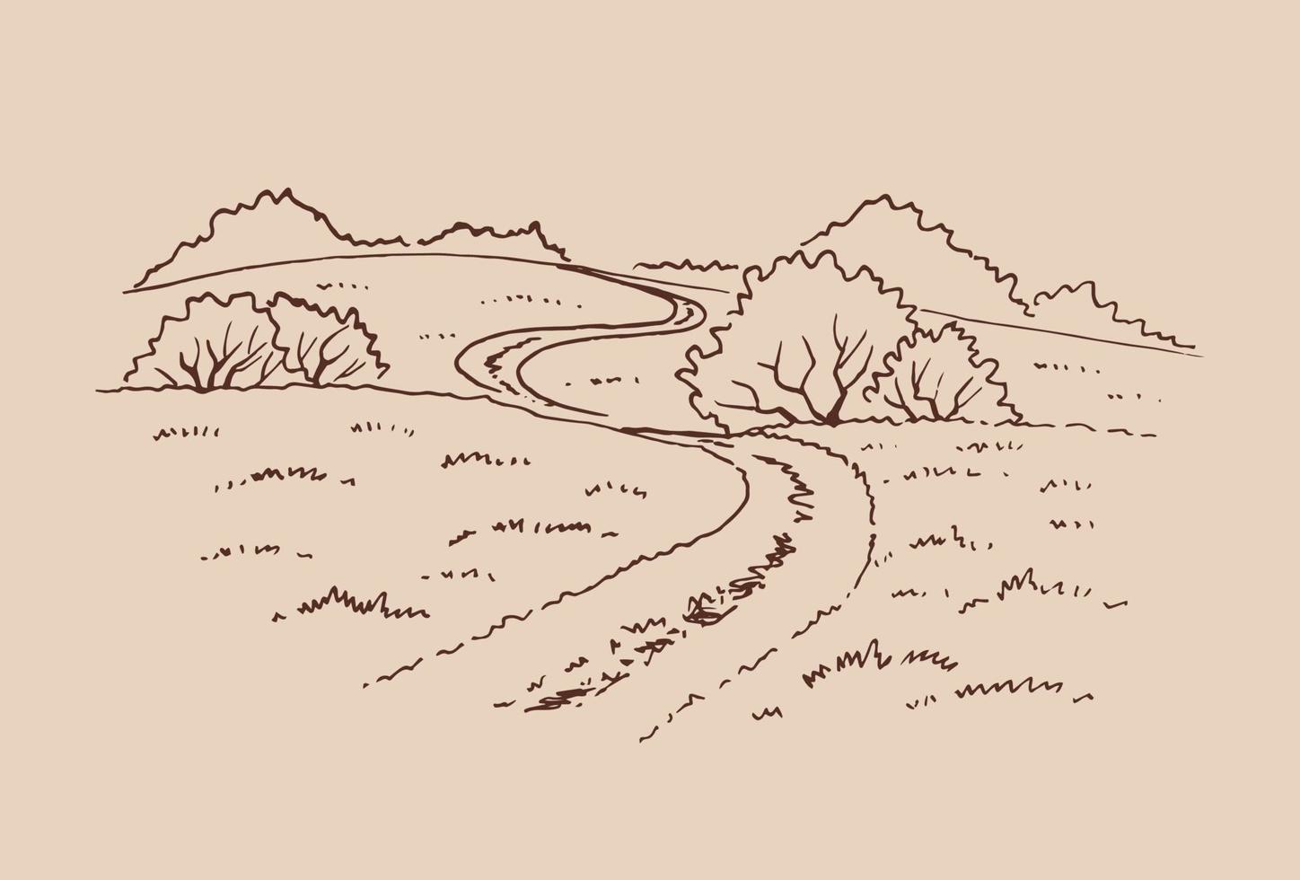 paisaje rural con camino y árbol. ilustración dibujada a mano convertida en vector. vector