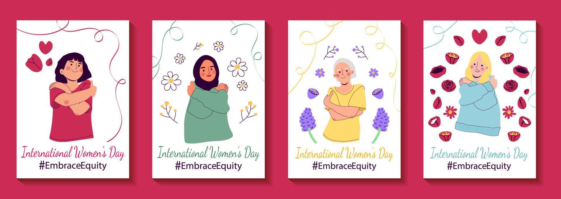 Abrazar la equidad tarjetas del día internacional de la mujer ilustración vectorial vector