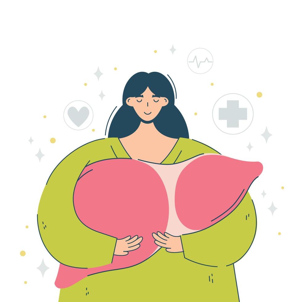 Woman care about her liver to keep liver healthy. Liver awareness month. Healthy liver concept. vector