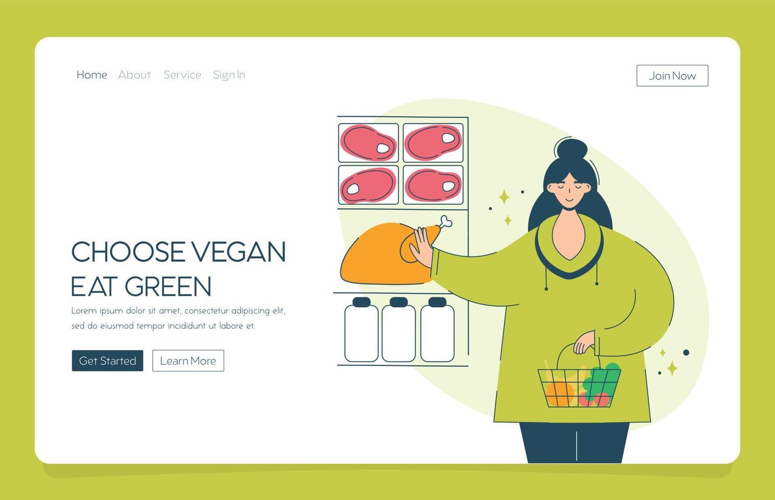 Web app landing happy woman chooses veganism and vegetables. Concept vegetarian diet girl with a basket full of fruits and vegetables in the supermarket refuses meat and milk . vector