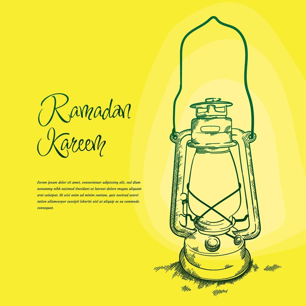 diseño ramadan kareem con diseño clásico de linterna en diseño dibujado a mano y fondo amarillo vector