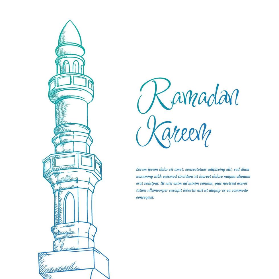 plantilla de ramadan kareem o eid mubarak con minarete de mezquita en diseño dibujado a mano vector