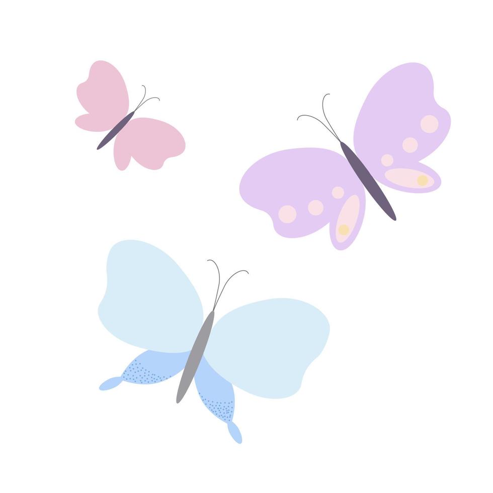 Fancy little pastel-colored butterflies in simple flat style vector illustration, symbol of spring, Easter holidays celebration decor, clipart for cards, banner, springtime decoration