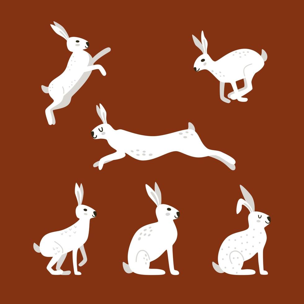 Set of cute cartoon white rabbits in Nordic style. Vector hand-drawn animals for nursery on red background.