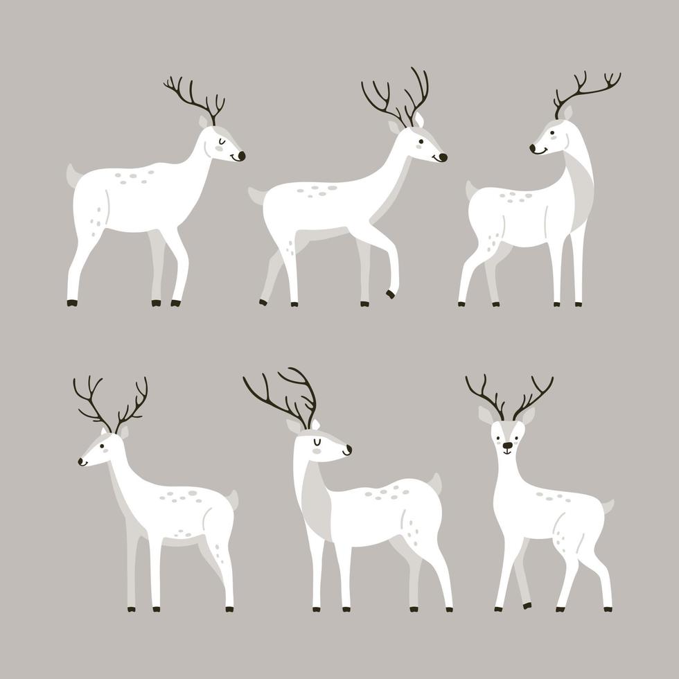 Set of cute cartoon white deer in Scandinavian style. Vector hand-drawn animals for childish prints on gray background.