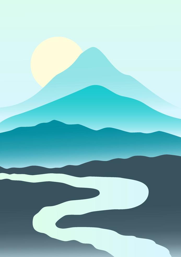 Mountain landscape gradient illustration poster. Bright vibrant gradient colors - landscape with mountains and hills - a4 background art. Asian mountains template vector