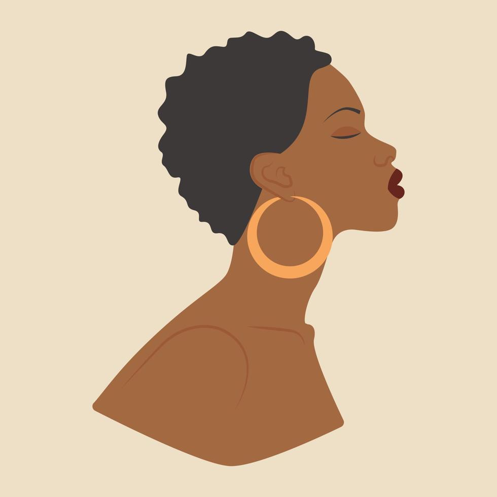 Young curly african woman portrait drawing square poster. Body person modern cartoon style illustration for graphic design vector