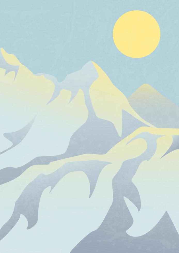 Mountain landscape with peaks and sun illustration poster. Modern boho winter, autumn minimalist wall decor. Vector a4 art print