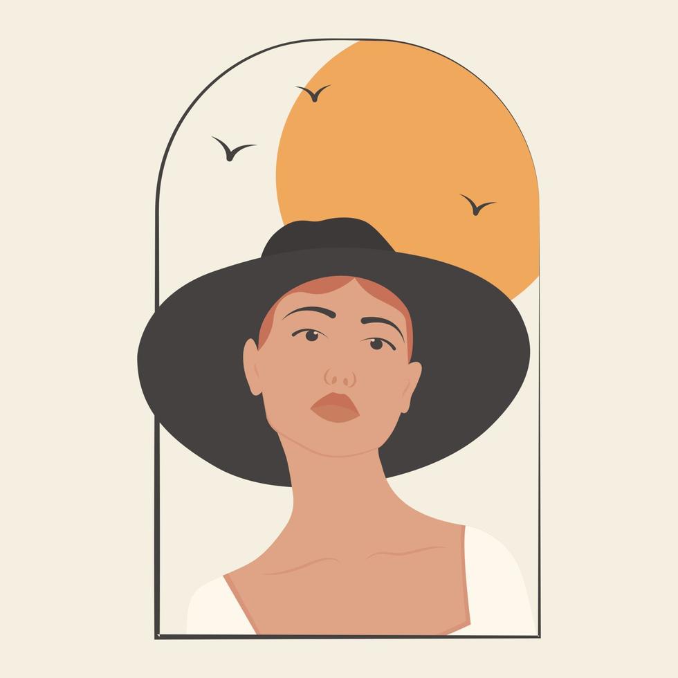 mujer blanca con sombrero en el cartel de dibujo de arte de ventana. ilustración vectorial para redes sociales, composición cuadrada vector