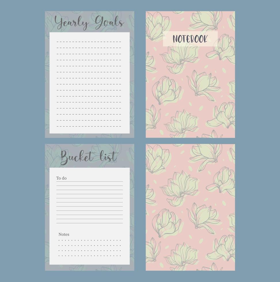 Set of minimalistic planners 2020 with floral cover. Year, monthly, daily planner template. Blank notebook page isolated on grey vector