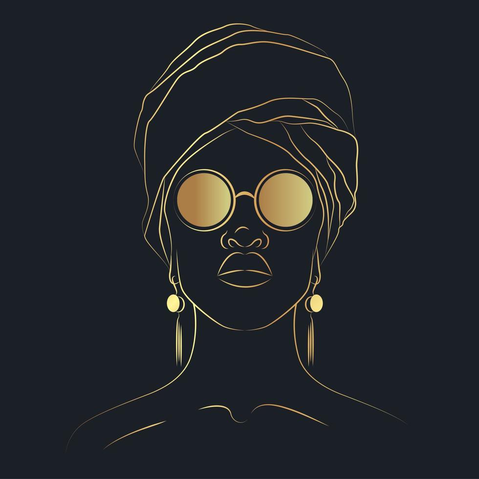 African ethnic woman in glasses style portrait gold silhouette. Square vector illustration.