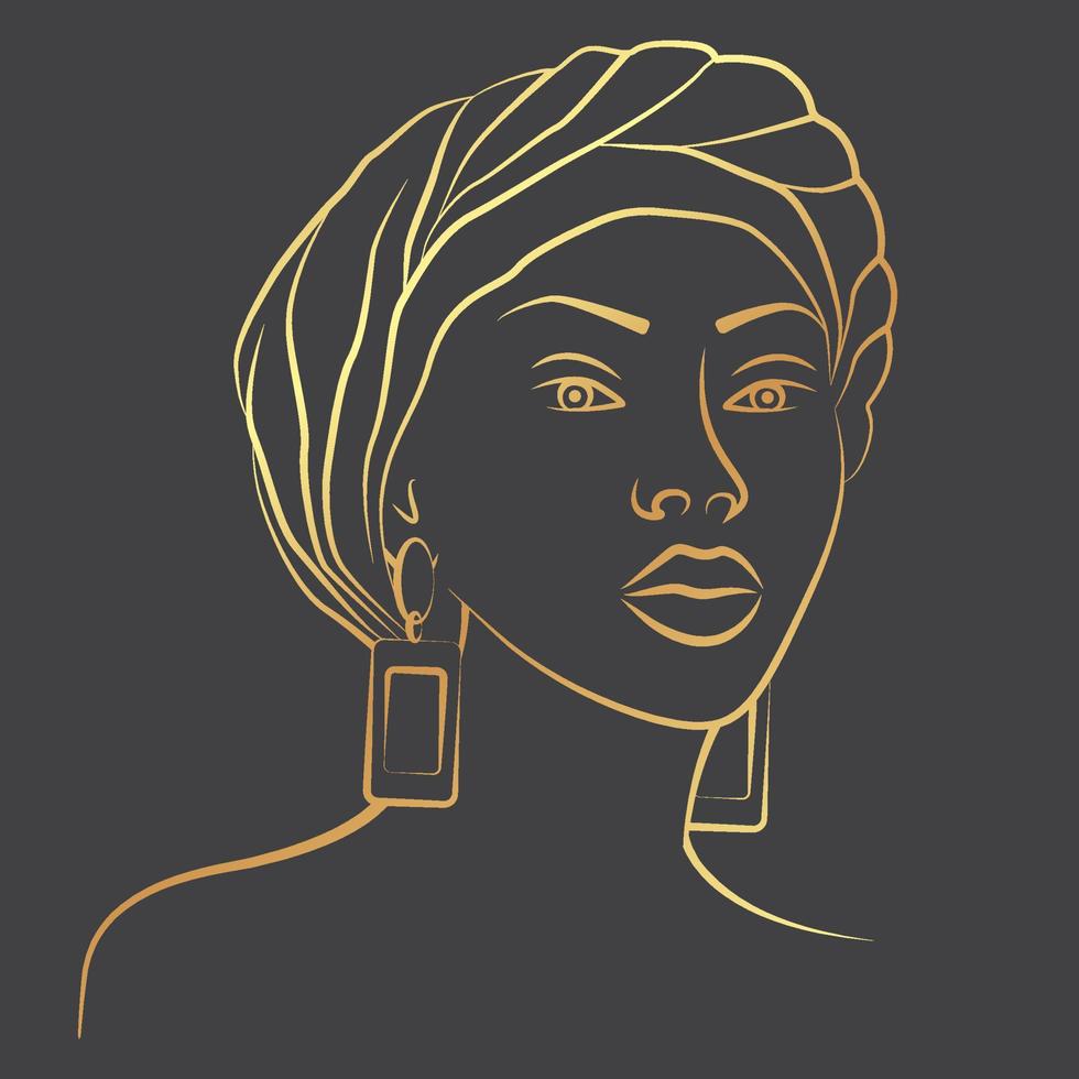 Linear drawing golden illustration of black woman portrait vector