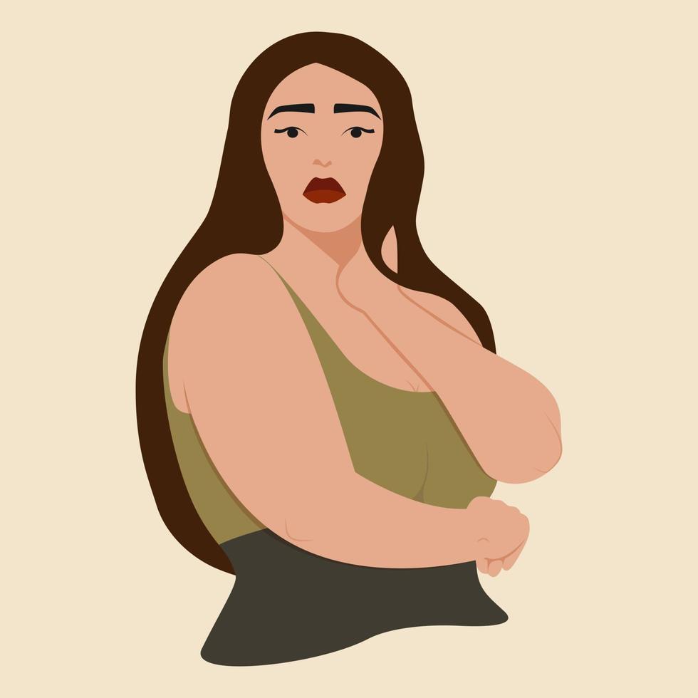 Beautiful diversity overweight woman on beige background. Body positive girl. Simple cartoon style illustration for web graphic design and animation vector